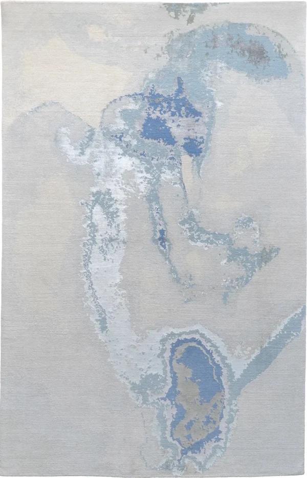 handknotted Surreal luxury wool and silk abstract rug in ocean blue and slate blue, with fibers showing luminous sheen.
