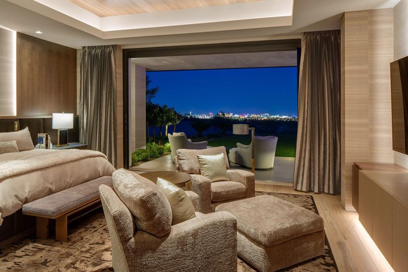 contemporary abstract rug design in stunning a bedroom with amazing views.