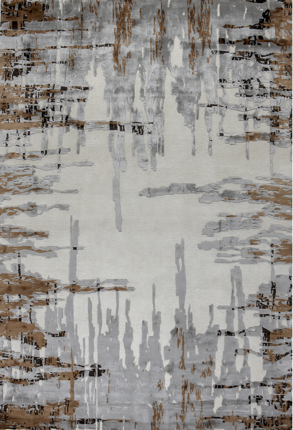 abstract contemporary handknotted rug in grey, brown, black
