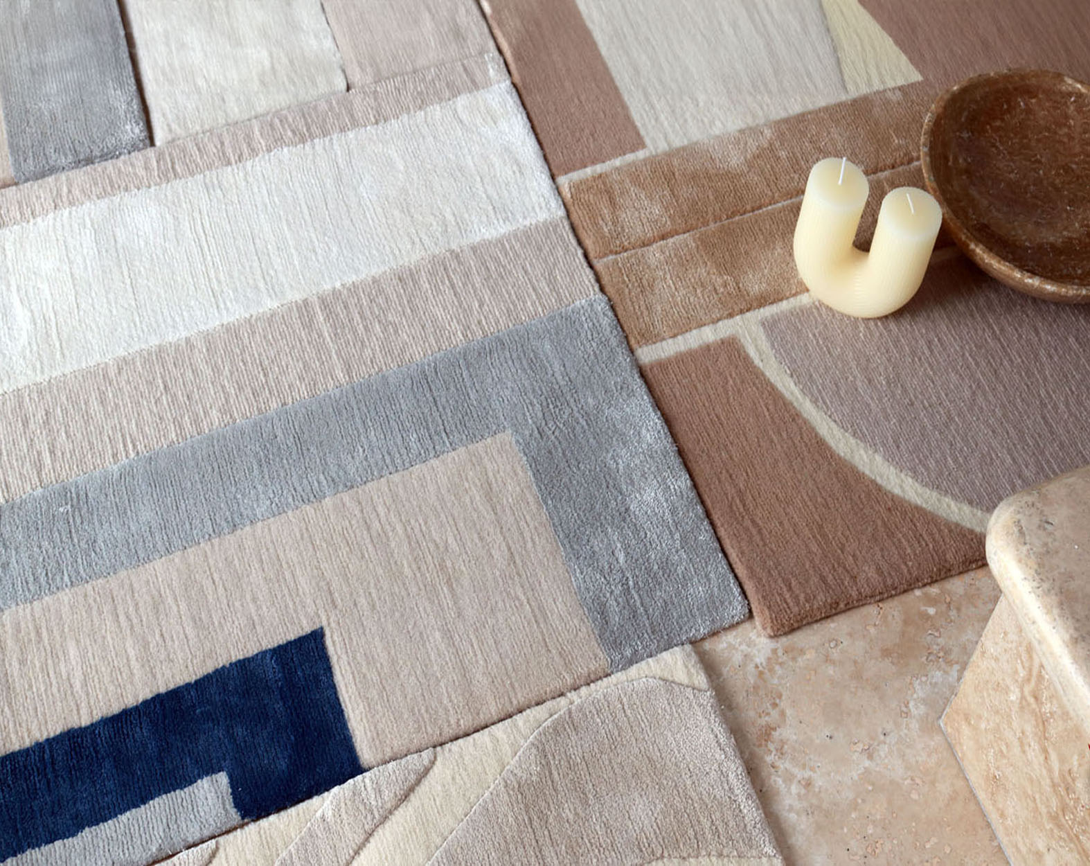 contemporary geometric custom made rug in high low pile, wool and silk rugs.