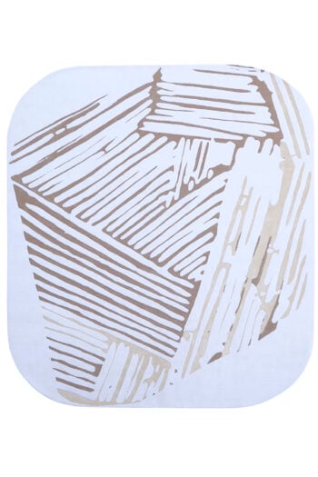 Fiore custom RUG ART NYC, with a rounded silhouette and abstract linear pattern in ivory and brown.