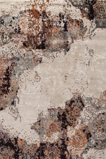abstract area rug with a modern distressed pattern in cream, rust, orange, plum, and charcoal gray