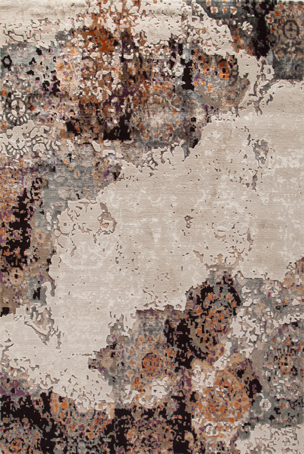 abstract area rug with a modern distressed pattern in cream, rust, orange, plum, and charcoal gray