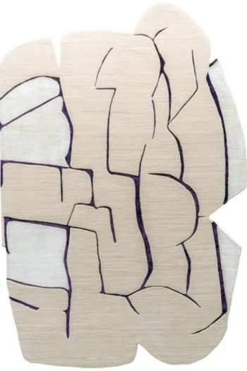 sculptural irregular rug inspired by italian marble installations with mineral tones and deep violet linear detailing