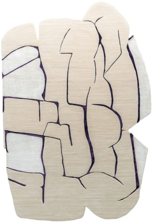 sculptural irregular rug inspired by italian marble installations with mineral tones and deep violet linear detailing