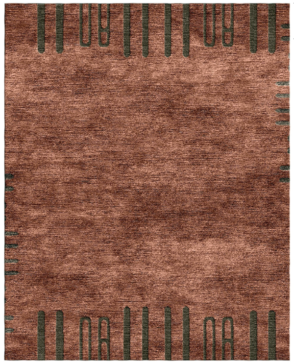 handcrafted rug in warm desert tones of copper and clay. Rich texture and layered, combined with silk and wool.
