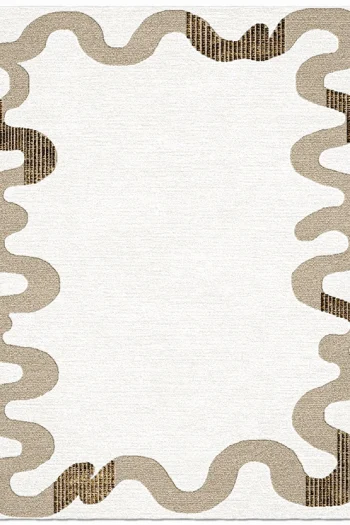custom sculptural rug with organic curved shape in neutral tones