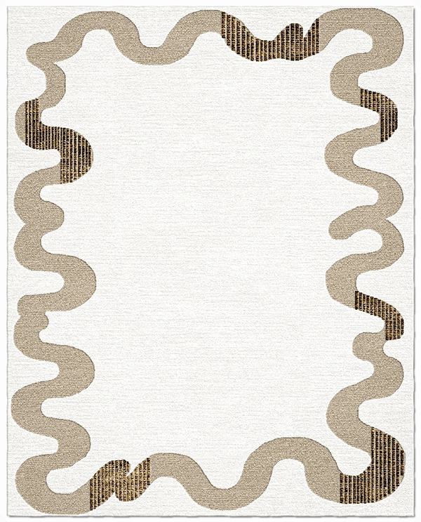 custom sculptural rug with organic curved shape in neutral tones
