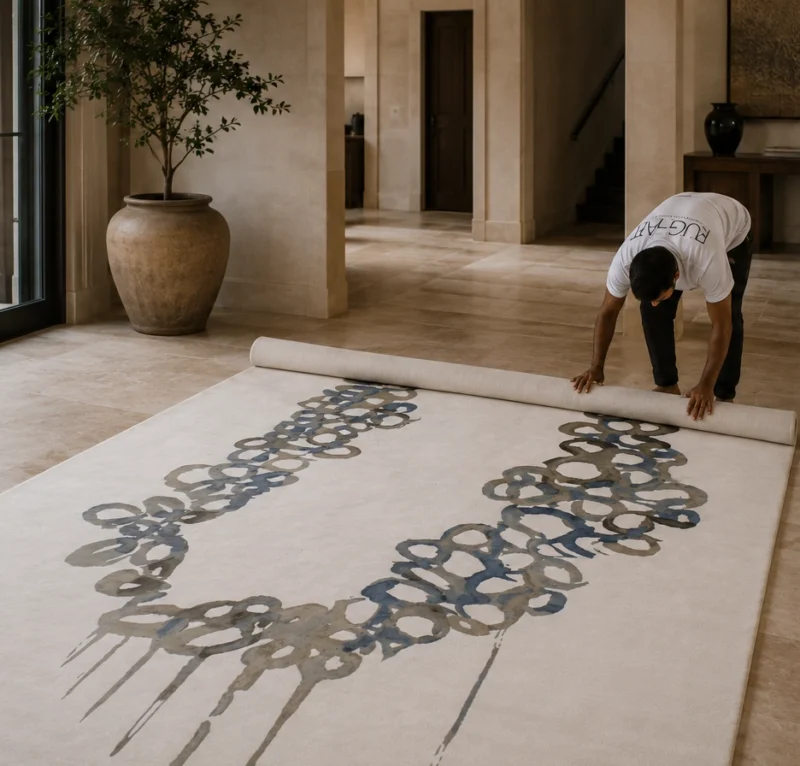 Bluemood abstract custom rug in wool and silk in a contemporary home.
