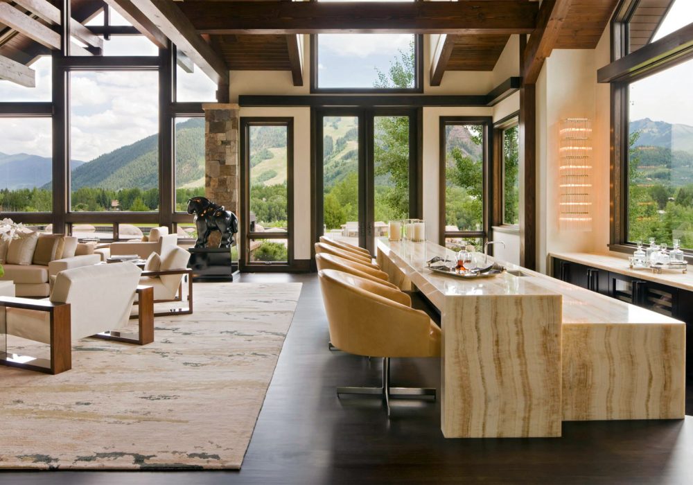 abstract rug design in a spectacular home on the mountains. Cream, ivory, gray and taupe rug. Wool, pashmina and silk.