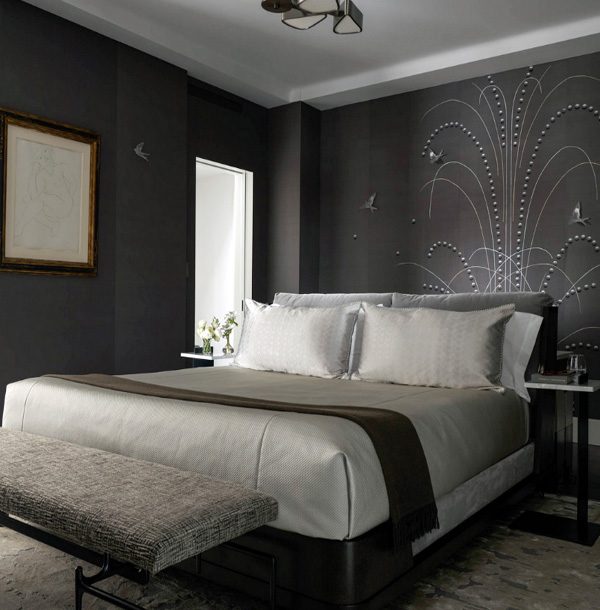 contemporary abstract rug design in wool and silk. gray rug. Stunning city bedroom design.